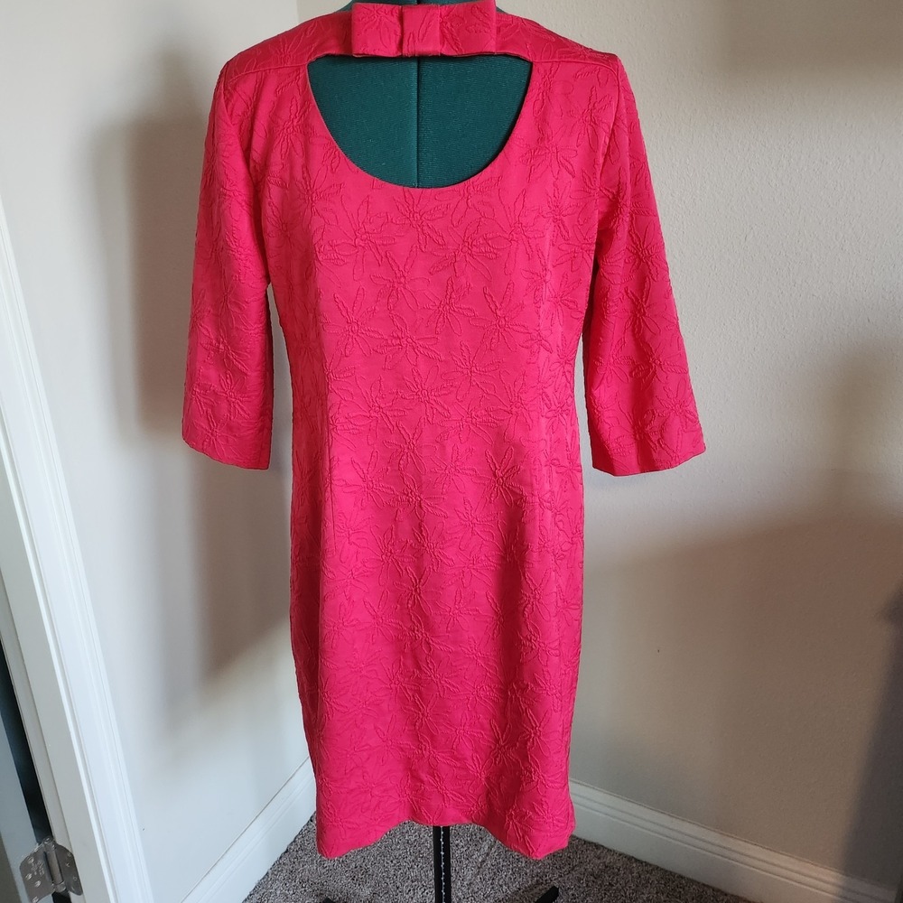 Karl Lagerfeld Paris Dress Womens Large Pink Jacquard Bow Neck A-Line 3/4 Sleeve